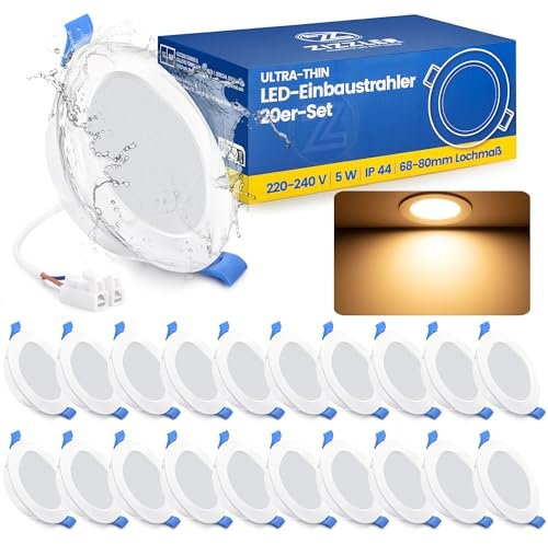 ZIZZLER LED Einbaustrahler 230V Flach, LED Spots 68-80mm Lochmaß, Warmweiß Deckenspots, IP44 Einbauleuchten für Badezimmer Feuchtraum, 5W 3000K Einbauspots für Küche Schlafzimmer Wohnzimmer, 20er Set