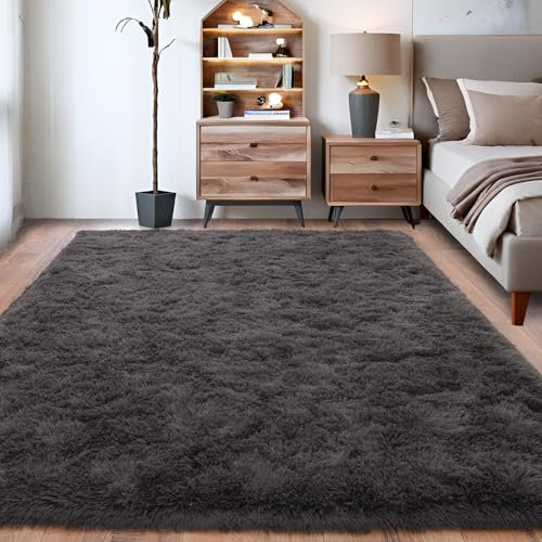 BSGIFT Hochflor Teppich 120x160 Anthrazit, Shaggy Teppiche Wohnzimmer Flauschig, Modern Langflor Kuschelteppich Wohnzimmerteppich High-Pile Carpet rutschfest für Schlafzimmer Kinderzimmer