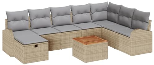 vidaXL Garten-Sofa-Set mit Kissen mit Speicher 9 pcs Beige Poly Rattan, Garten und Terrasse, modernes modulares, verstellbares Außenset, Loungemöbel für komfortable Abende!