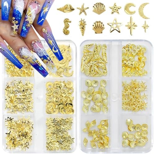 2 Boxes Golden Star Ocean Nail Charms, Metal Star Moon Shell Starfish Gems for Acrylic Nail Art, Summer Alloy Rhinestones for Women, DIY Nail Accessories