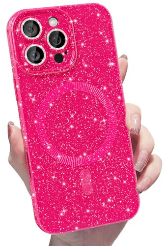 MINSCOSE for iPhone 12 Pro Max Case Magnetic Compatible with Magsafe,Cute Neon Glitter Super Vibrant Shiny Bling Sparkly Glossy Girly Case with Thin Slim Camera Protection for Women Girl-Hot Pink