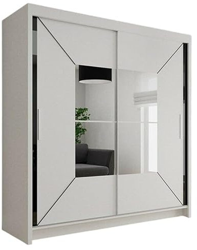Sliding Door Wardrobe, Free Standing Cabinet, Matt Finish Bedroom Furniture with Hanging Rails and Shelves (White, 203cm)