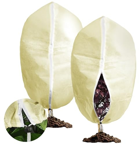 Chumix 2er-Pack Winterschutz für Pflanzen,Atmungsaktiv 70 g/m² Winterschutz Kübelpflanzensack, Frostschutz Pflanzenabdeckungen mit Reißverschluss und Zugband Beige 80x120cm