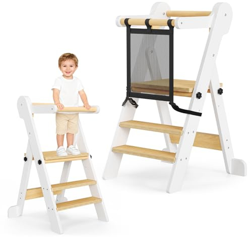 Niktulo Kinder Lernturm klappbar Tower Mit Netzbeutel,Faltbarer Montessori Lernturm, 2-stufiger Höhenverstellbarer Tritthocker für Küche, Bad und Kinderzimmer Faltbarer Holz Learning