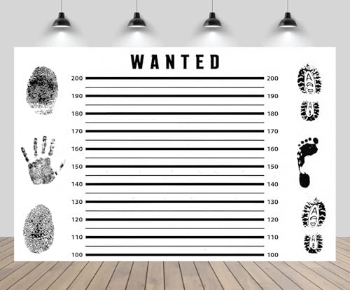 CHNBGPRO 2.1x1.5m Wanted Mugshot Backdrop Wanted by Police Lineup Height Chart Fingerprints Footprints Background Accurate Measurements Bachelorette Girls Night Out Party Decor Photo Props