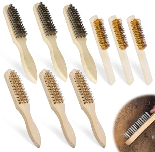9 Stück Drahtbürste mit Holzgriff Kit, 13/16 Reihig Metallbürste Messingbürste Robust Stahlbürste Handdrahtbürste für Sauberen Rost Schmutz Farbe und SchweißSchlacke (2 Größ)