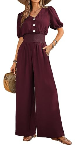 QUNERY Salopette Donna Estiva Maniche Corte Scollo a V Elegante Tuta Lang Tutina Jumpsuit Gamba Allentata Con Tasche Pagliaccetto Spiaggia Vacanza Outfit