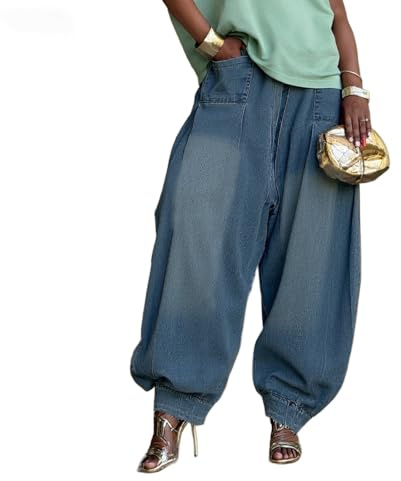 Mujeres Suelto Ajuste Harem Jeans Pierna Ancha Globo Pantalones de Denim Cintura Alta Estilo Casual