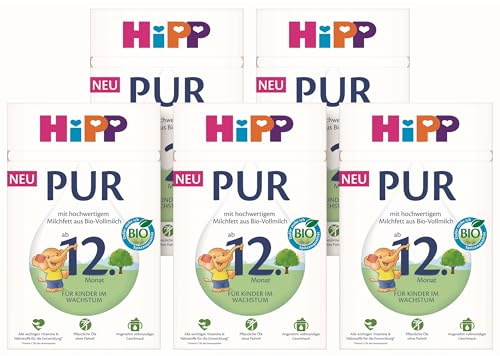 HiPP Kindermilch PUR (5 x 500g), ab 12. Monat, mit hochwertigem Milchfett aus Bio-Vollmilch-Qualität, ohne Palmöl, mit Vitamin C & D, Calcium für die Knochen, Omega 3 (ALA)