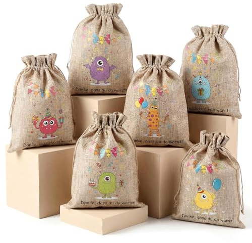Xuniea 12 Stück Geschenktüten Kindergeburtstag aus Jute 6 Designs | Jute Geschenkbeutel Tüten, Mitgebsel Beutel, 6 Designs Je 2 Stück, Für Kindergeburtstag, Hochzeit, Gastgeschenke, Giveaways