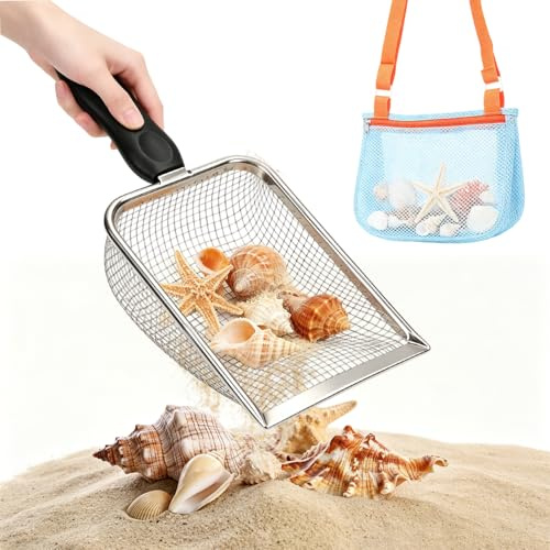 MorLuks Pala a rete da spiaggia con borsa per giocattoli da spiaggia, pala per sabbia per conchiglie, borsa da spiaggia per bambini, gadget accessorio per ragazzi e ragazze, giocattolo da spiaggia
