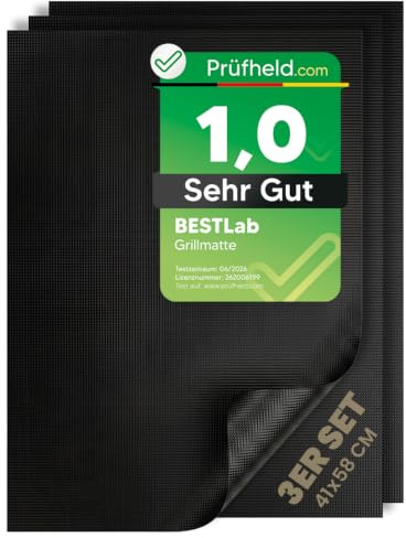 BestLab [ Test SEHR GUT, Note 1.0 *] 3er Set Antihaft Grillmatte für Gasgrill 41x58cm, Keine Grillbürste nötig, Wiederverwendbare BBQ Grillmatten, Gas Grill Matte als Dauerbackfolie, Grillzubehör