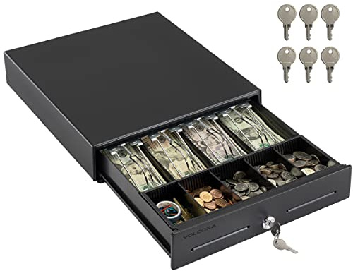Volcora 13 Electronic Cash Register Drawer for Point of Sale (POS) System with 4 Bill 5 Coin Cash Tray, Removable Coin Compartment, 12-24V, RJ11/RJ12 Key-Lock, Black - for Small Businesses