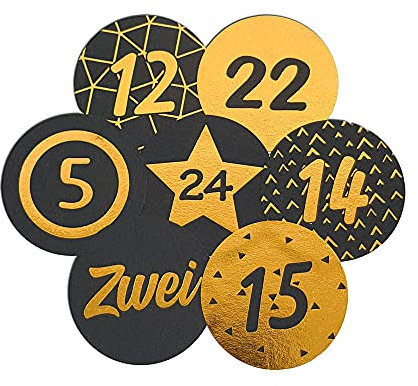 Frau WUNDERVoll® 48 Adventskalenderzahlen Aufkleber für 2 Kalender schwarz matt,Gold, Durchmesser 4 cm (Angebot) / Sticker, Weihnachten, Adventskalender, DIY Kalender