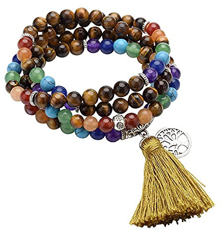 GEHECRST Schmuck 108 Perlen Edelstein Mala Kette Mala Armband 7 Chakra Edelstein Buddha Buddhistische Tibetische Gebetskette Healing Reiki Yoga Kette Halskette mit lebensbaum Anhänger