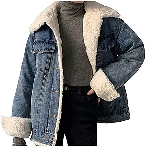 CRMY Damen Mädchen Winter Jeansjacke Gefütterte Denim Jacket Jeans Jacke mit Fell Mantel Warme Winterjacke mit Kapuze Fleece Mantel Jacke