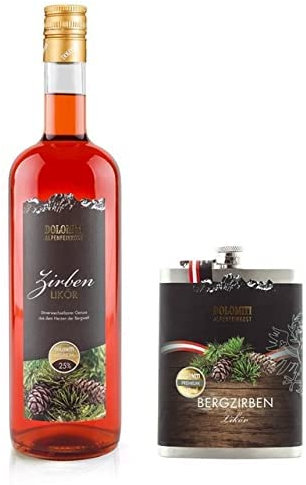 Berg Zirbenlikör 25% vol. / 1 Liter + Flachmann 0,2 l gefüllt/Original Zirben-Likör aus den Alpen/Echtes aus den Bergen/Aus Österreich - mit 2 Gratis-Proben