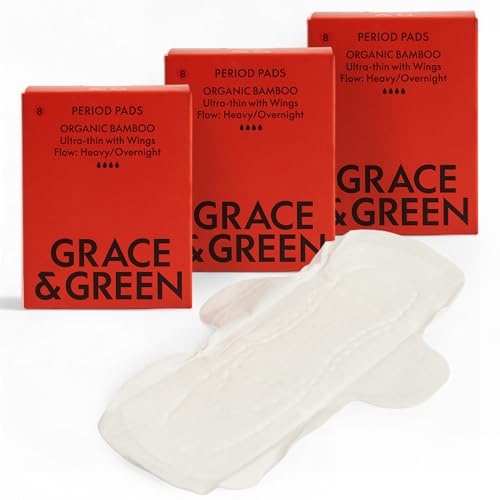 Grace & Green Eco-Friendly Bamboo Night Pads, Heavy Flow, 24 Pack | Leak-Locking Technology, Super Absorbent Core, Secure Fit with Wings, Free From Chlorine Bleach, Dyes & Fragrances, 3 x 8