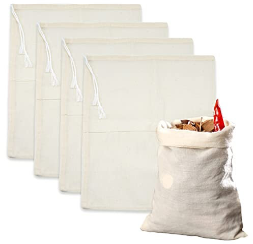 4 Pack Cheesecloth Bags, Reusable Tea Bags Washable Muslin Bags Natural Nut Milk Bag Cheese Cloth for Straining Nut Milk, Fruit Juice, Tea, Coffee, Cold Brew, Home Brewing (30 x 40cm)