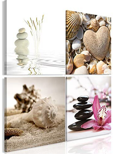B&D XXL - Wandbilder Spa 40x40 cm 4 Teilig je 20x20 Vlies Leinwandbild Kunstdruck modern Wanbilder XXL Wanddekoration Design Wand Bild - Blumen Zen Strand Steine b-C-10279-b-a