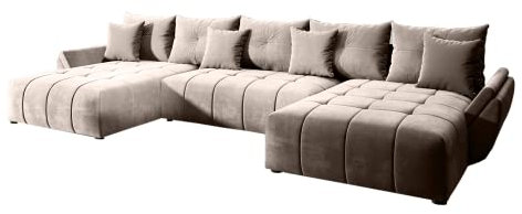 GRAINGOLD Ecksofa Decor U 385 x 190cm - Bequemes, Elegantes, großes Schlafsofa mit Bettkasten, Kissen, Schlaffunktion - Wohnzimmer Sofa im modernen Stil - Bequemer Schlaf