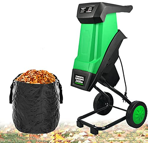 Biotrituratore da Giardino con Ruote, Cippatrice Elettrica da 2400 W con Sacco di Raccolta da 50 Litri, Diametro di Taglio da 1,7 Pollici, Trituratore per Rami di Foglie, Cippatrice + Filo da 20 m