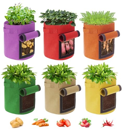 Ohiyoo 6 Pack 10 Gallon Potato Grow Bags with Flap, Potato Growing Bags Garden Planting Bag with Handle, Nonwoven Fabric Vegetables Grow for Potato Tomato Carrot Onion (10 Gallon)