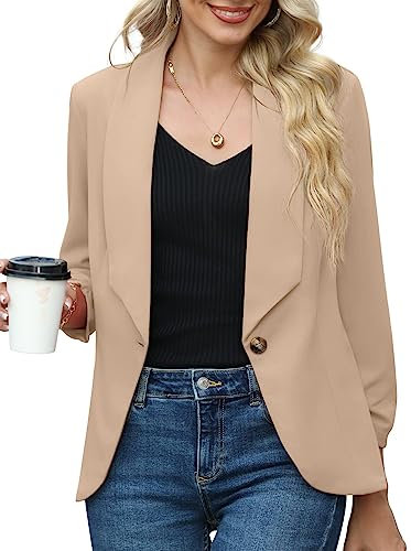 PrinStory Womens Long Sleeve Lapel Open Front Casual Blazers Jacket For Work Office With One Button (Khaki, 18-20)