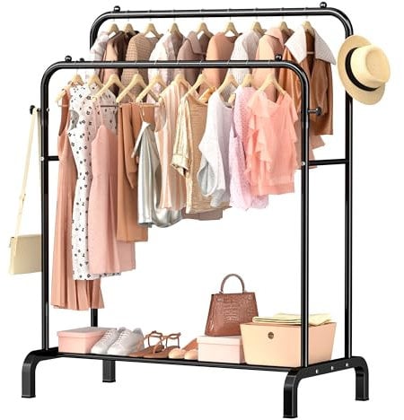 Frurark Clothes Rail Metal Double Pole Garment Rack Multifunctional Clothes Racks with Shelves for Hanging Clothes,Suitable for Home Bedroom