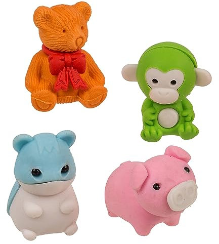 Puzzle Radierer Set - 4 Tier Radiergummis zum radieren & puzzeln - Affe, Bär, Eichhörnchen & Schwein - 3-4 cm groß