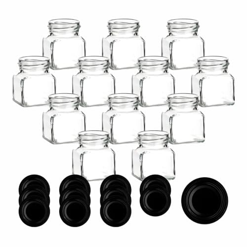 gouveo 12er Set Einmachgläser 120 ml eckig mit Schraubdeckel schwarz - Kleine Vorratsgläser mit Drehverschluss - Leere Marmeladengläser, Einkochgläser, Aufbewahrungsgläser (EGE120SZ)