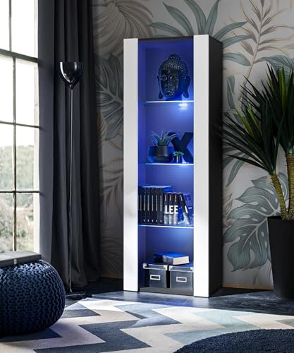 Komodee Vitrine Schrank Tivoli, Weiß/Schwarz, Breite 55cm x Höhe 159cm x Tiefe 35cm, LED Blau, 3 Regalböden, für Wohnzimmer, Schlafzimmer, Eingang