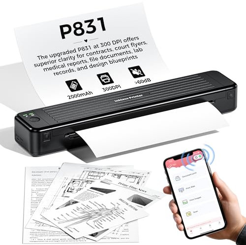 PhoFuta Imprimante Portable 300 DPI - Mini Imprimante Portable Prise en Charge du Papier Ordinaire De 5.8-8.5, Imprimante Portable A4 Compatible avec iPhone et Android par Bluetooth, Noir