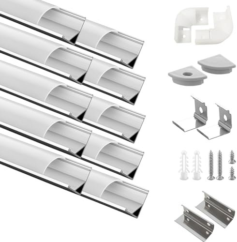 Efishine Pack of 10 LED Profiles Aluminium 10 x 1 m, V-Shape Aluminium Profiles with Milky Cover, End Caps and Mounting Bracket for Strips, Very Easy Installation