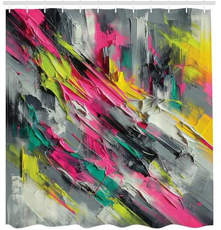 ABAKUHAUS Bunt Duschvorhang, Futuristisches Gemälde Thema abstrakte Pinselstriche Moderne Grunge Details, Stoffliches Gewebe Badezimmerdekorationsset mit Haken, 175 x 200 cm, Pink Limettengrün Türkis