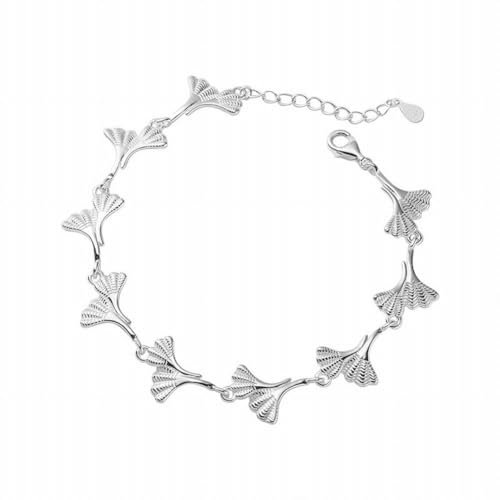 PMVRTHQV 925 Sterling Silber Ginkgo Blatt Armband Elegante und Süße Literarische Blatt Armband, Silber