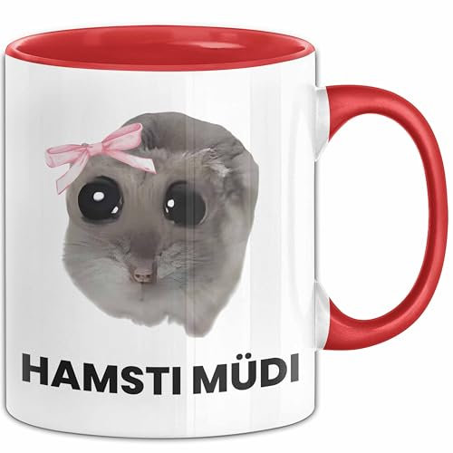 Sad Hamster Meme Lustige Tasse Hamsti Trauriger Hamster Büro Kaffee-Becher Hamsti Müdi (Rot)