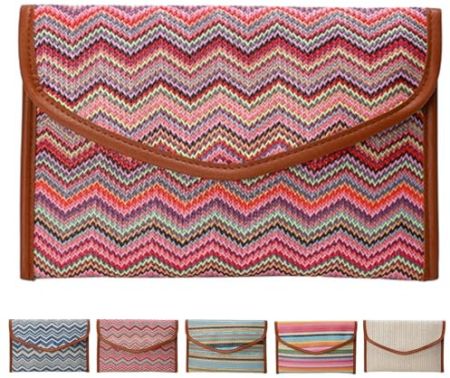 CXINLky Sommer Stroh Clutch Damen, Ethno-Stil Gestreifte Stroh Handgelenk Boho Geldbörse aus Korbgeflecht Strand Stroh Handtasche Clutch-Tasche-Welliges Rosa