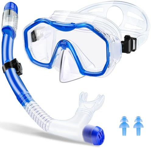 Tmysim Masque de Plongée pour Adulte,Masque de Plongee avec Tuba,Masque Plongee et Anti-Fuite avec Champ de Vision Panoramique à 180° Masque Tuba Unisexe (Blue)