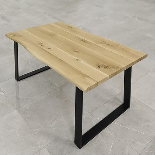 SEART Esszimmertisch ROMANTEKA, massiver Esstisch aus Eichenholz, Baumkantentisch, Metallbeine Schwarz (90x140 cm, Roh)