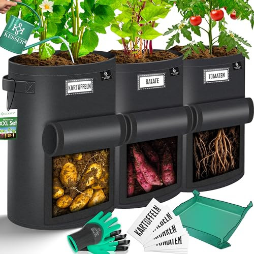KESSER® Kartoffel-Pflanzsack 3-Set 27L | Kartoffel-Pflanzbeutel aus Vlies mit Namensschildern Pflanztasche mit Fenster & Griffen | Kartoffelpflanzgefäß waschbar mit Handschuhen & Arbeitsmatte Schwarz