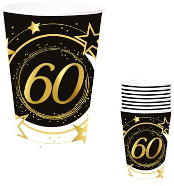FIESTAS GUIRCA | 6 Gobelets Jetables de 60 Ans (240 ml) (9 cm) - Décoration de Table pour Fêtes - Idéal pour Célébrations et Événements - Noir, Or, Blanc