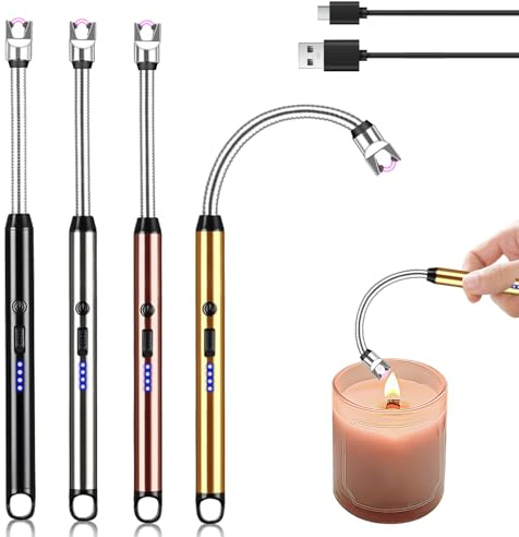 4 Stück Feuerzeug, Lichtbogen Feuerzeug Elektrisch, USB Aufladbar Feuerzeug Lang mit Sicherheitsschloss und Batterieanzeige, Tragbare 360° Winddichte Flammenlose für Yankee Kerzen, Grill, Herd