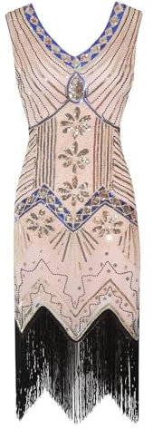 Robe à paillettes pour femme - Style années 1920 - Col en V - Avec franges et perles - Superbe ensemble de vêtements - Robe de costume médiévale dorée, Rose, M