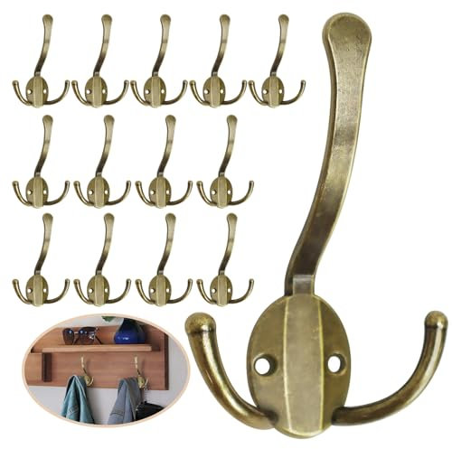 Homanu 14 Pack Coat Hooks Heavy Duty, Metal Three Prongs Large Coat Hooks Wall Mounted with 28 Screws, No Rust Antique Brass Rustic Wall Hooks for Hanging Towel, Coat, Scarf, Bag, Hat, Cup, Key