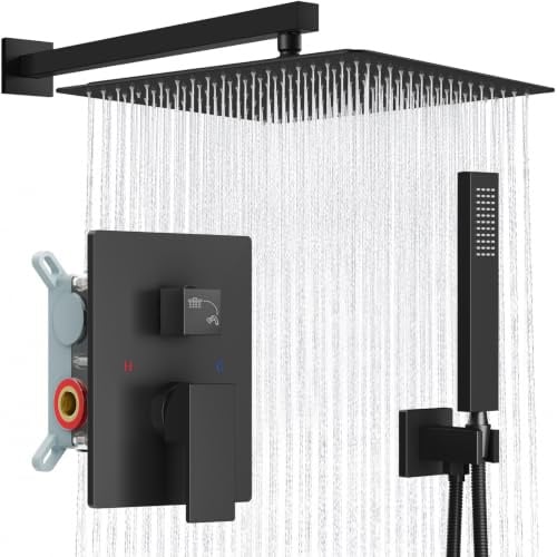 Midanya Duscharmatur-Set, Wandmontage, Duschsystem mit quadratischem Regenduschkopf und Handsprüher, grober Ventilkörper und Verkleidungsset im Lieferumfang enthalten, 40,6 cm, Mattschwarz