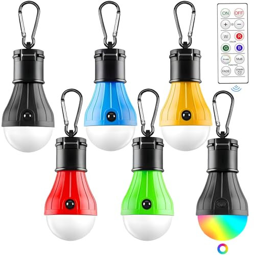 ZZXLOPEZ 6 Stücke Campinglampe, Tragbare Zelt-Lichter, 5 Campinglaterne+1 RGB Zeltlampe mit Karabiner Glühbirne Set, Wasserdichte Camping-Laterne, Campingzubehör für Abenteuer, Wandern, Backpacking
