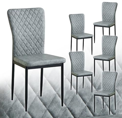 JaHECOME 6er Set Esszimmerstühle mit Kunstleder-Bezug, hoher Rückenlehne, Gitter Leichtbau Design, Essstuhl mit Metallbeine, für Esszimmer Küche Wohnzimmer (6, Kunstleder Dunkelgrau)