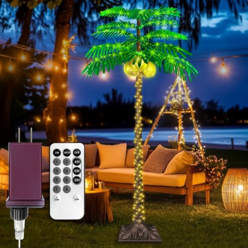 Palma a LED da 1,8 m con 421 luci, palma illuminata per patio esterno, fornita con 3 noci di cocco incandescenti, dimmerabile, 8 modalità lampeggianti e timer.