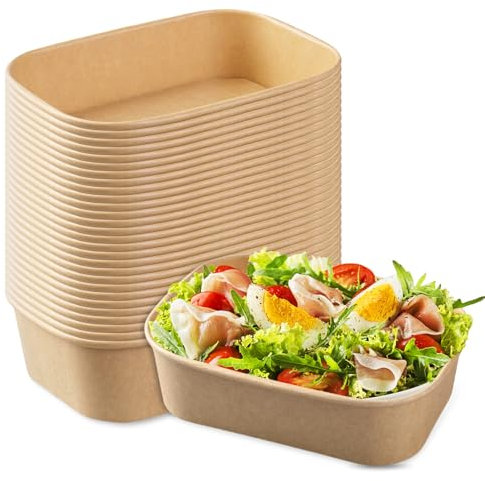 Lot de 25 bols à soupe jetables en papier kraft de 500 ml - Boîte en papier kraft à emporter - Boîte à déjeuner - Bols à salade réutilisables - Pour le déjeuner de travail